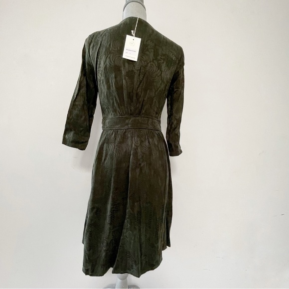 Louizon brocade dress olive dark green v neck button front vintage corset style - Picture 5 of 7